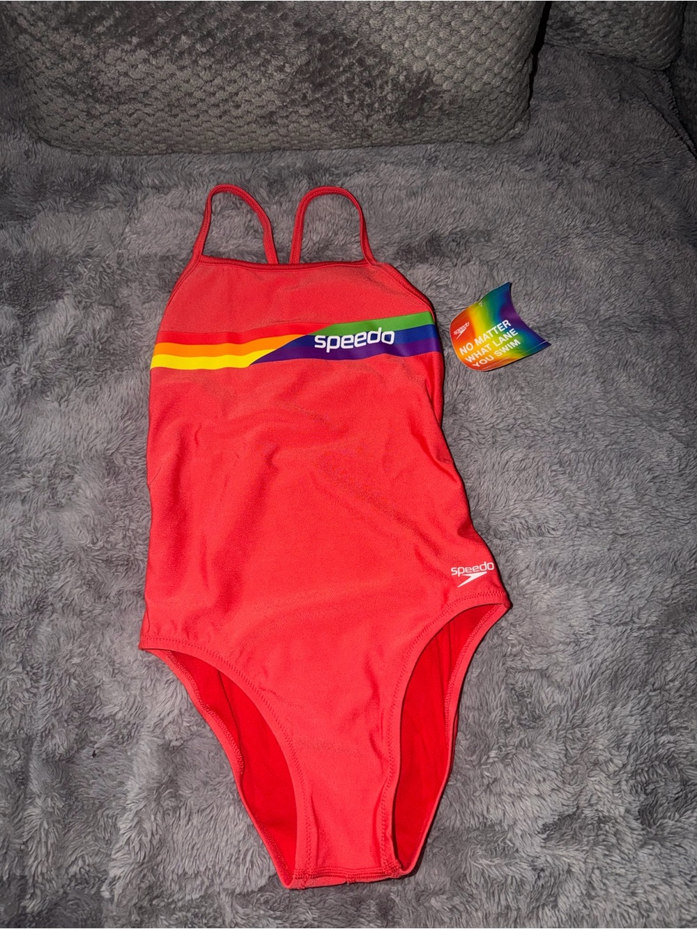 Speedo Red One-Piece Swimsuit with Rainbow Stripe